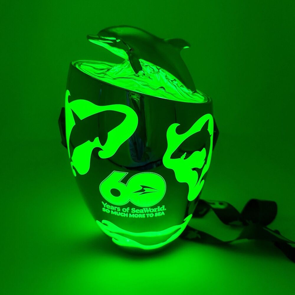 SeaWorld 60th Anniversary Chrome Dolphin Light Up Souvenir Popcorn Bucket Sealed - Picture 6 of 7